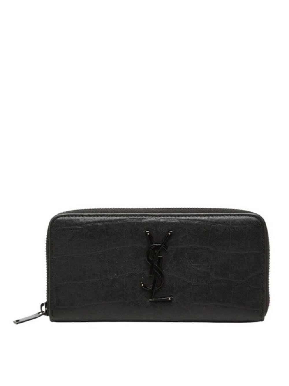 Saint Laurent YSL Logo Embossed Cassandra Round Zip Wallet Black Leather